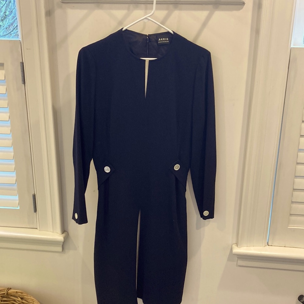 AKRIS Navy Wool Sheath Dress w White Ribbed Accents & Mother of Pearl Buttons